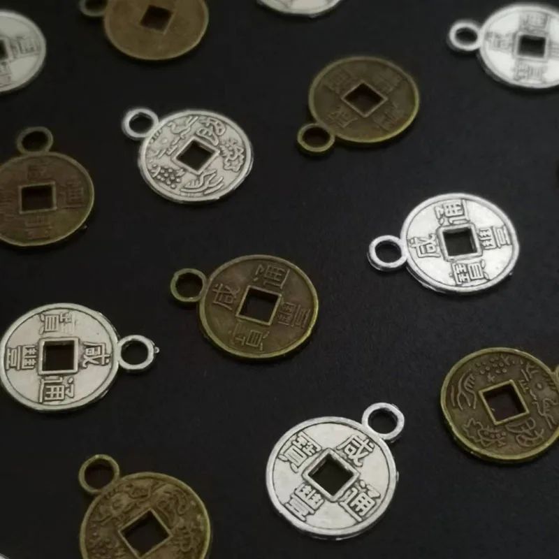古代中国のコインチャーム,アンティークブロンズ色,合金ペンダント,ジュエリー作り,クラフト,50個