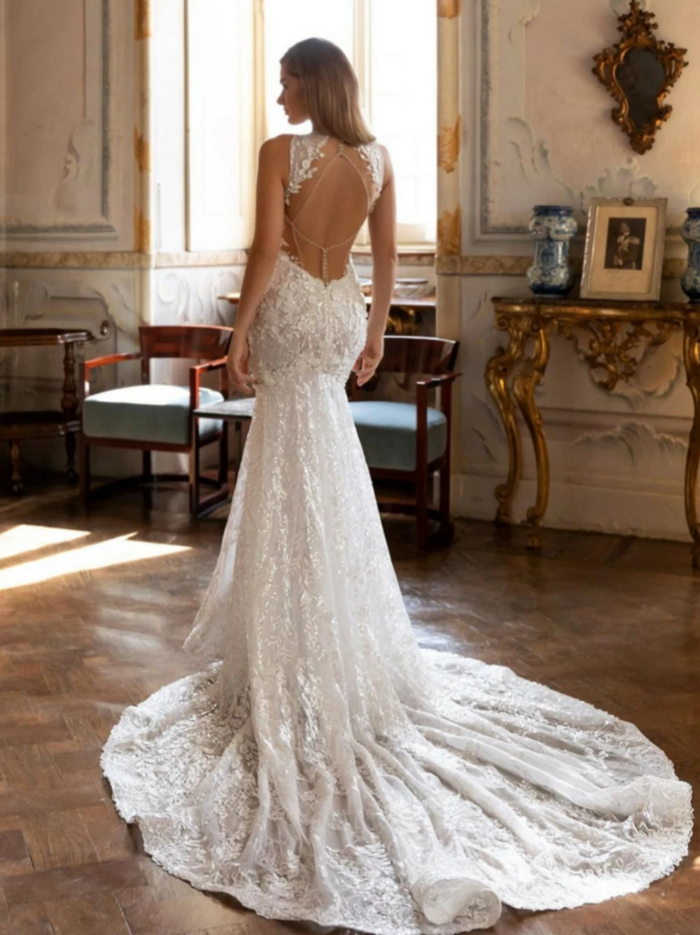 Sexy Halter Rugloze Bruid Gewaad Sprankelende Pailletten Appliques Bruidsjurk Klassieke Kralen Lange Trouwjurk Robe De Mariée