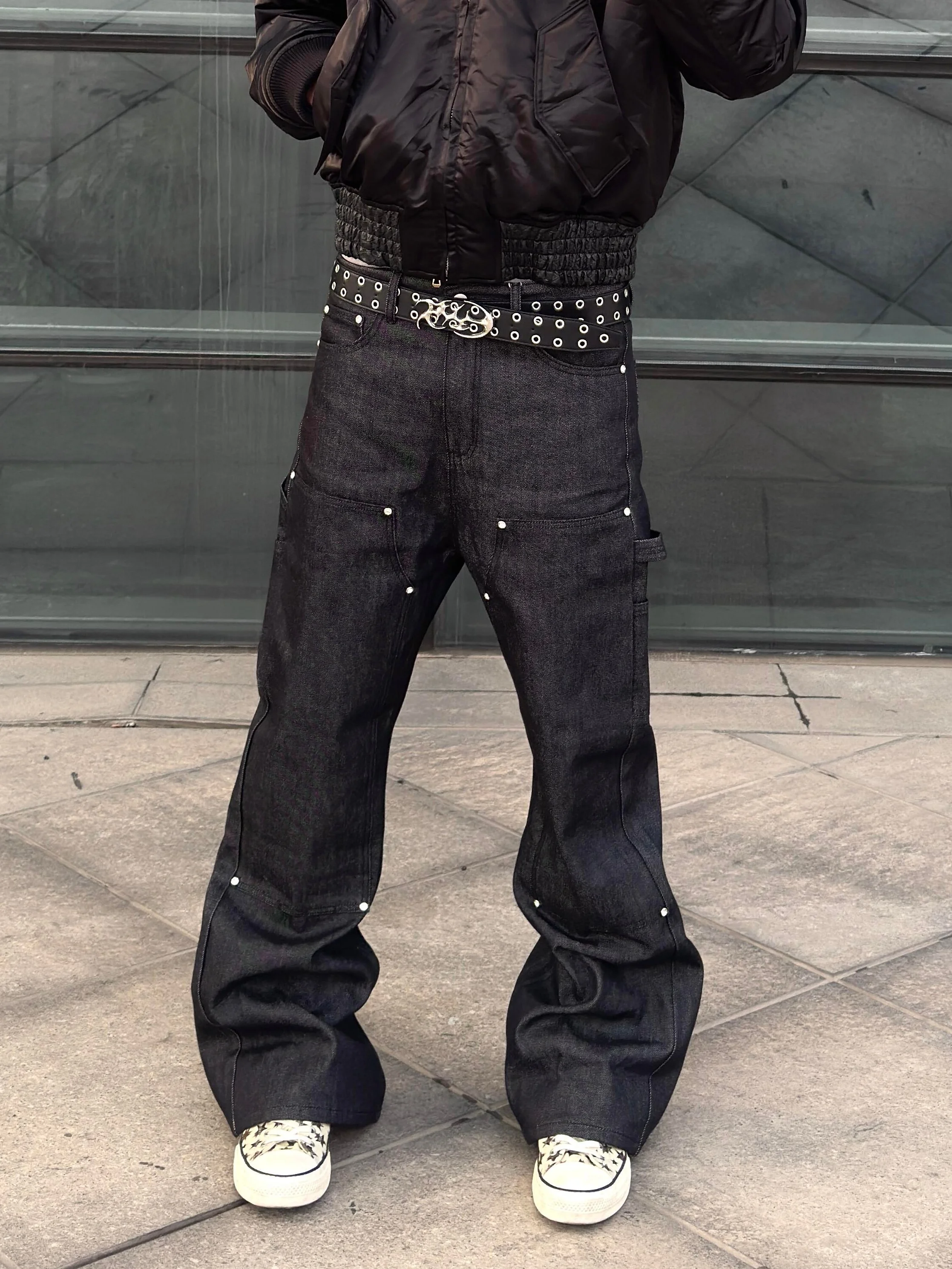 

Retro American High Street Vibe Rhinestone Double Knee Workwear Jeans Men Slim Straight Leggings Faionable Casual Jeans