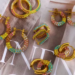 Punk Stainless Steel Rhinestone Thick Donut Dangle Earrings for Women Multicolour Zircon Chunky Hoops Ear Buckle Retro Jewelry