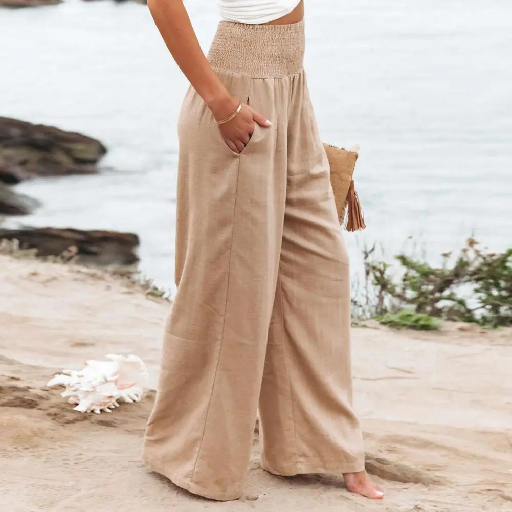 Women Pants Versatile Women's Wide Leg Pants with Elastic Waist Pockets for Casual Spring Summer Style Solid Color Wide Leg