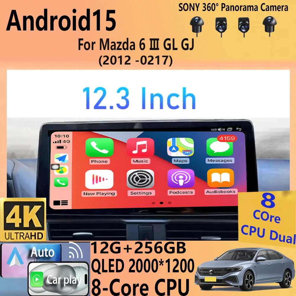 For Mazda 6 Ⅲ GL GJ 2012 - 2017 1920*720 QLED Android 15 Screen Multimedia Video Player Atenza CarPlay Car Radio Autoradio 256G