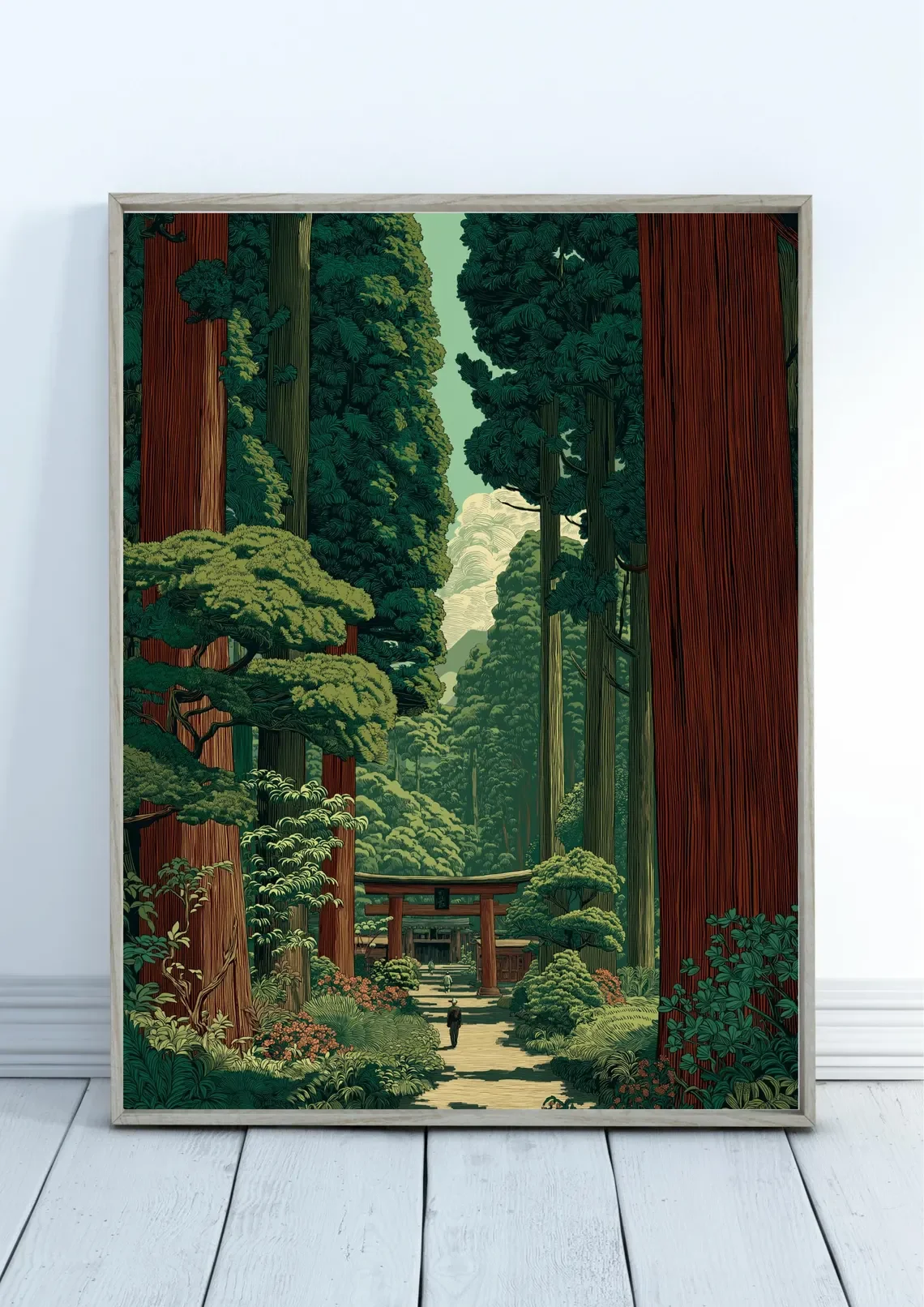 Póster Vintage Japonés del Bosque, Arte en Madera, Camino a Nikko de Kawase Hasui, Decoración Japandi, Arte Botánico para Pareja