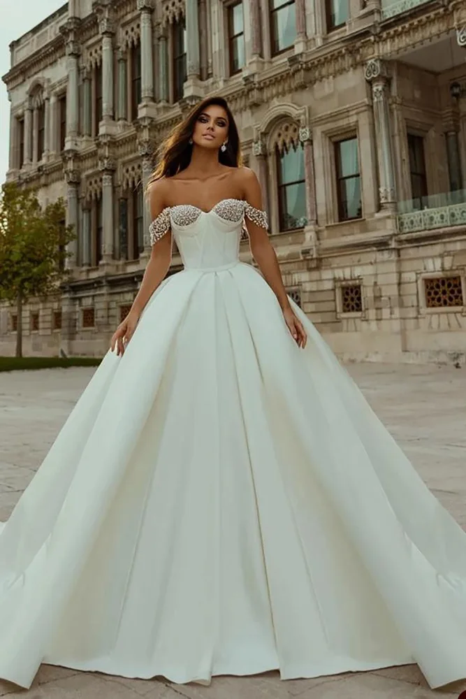 

Customized Vintage Women Wedding Dress A-Line Off-Shoulder Pearls Bridal Gown Backless SweepTrain Dress vestidos de novia 1
