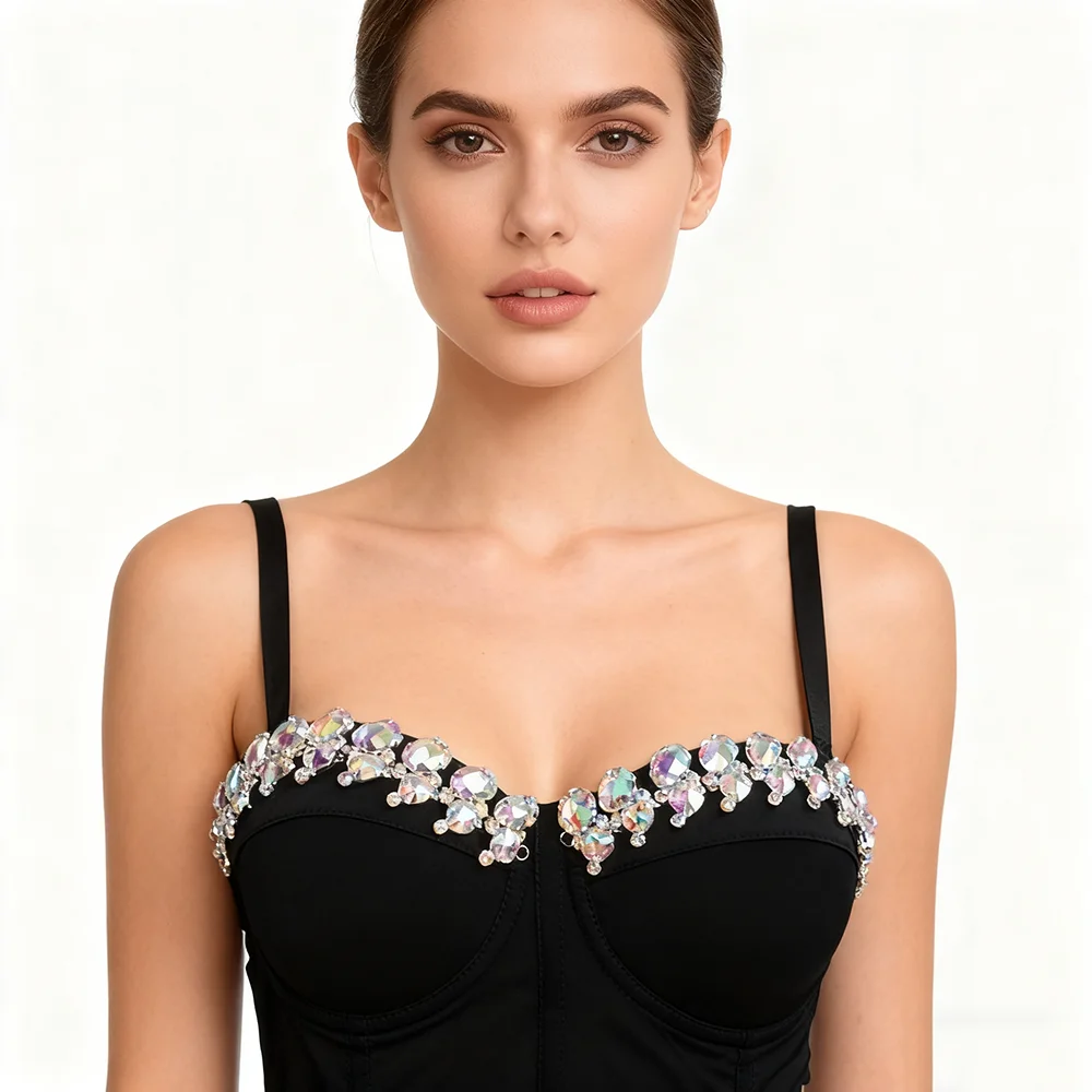 Cupnaya paillettes cristal femmes Polyester Spandex haut court Spaghatti sangle Bustier gaze Corset Bralette noir blanc rouge kaki