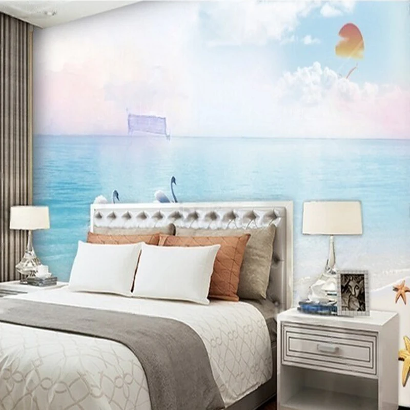 Beach shells starfish sunrise TV bedroom luxurious home decoration background wall paper