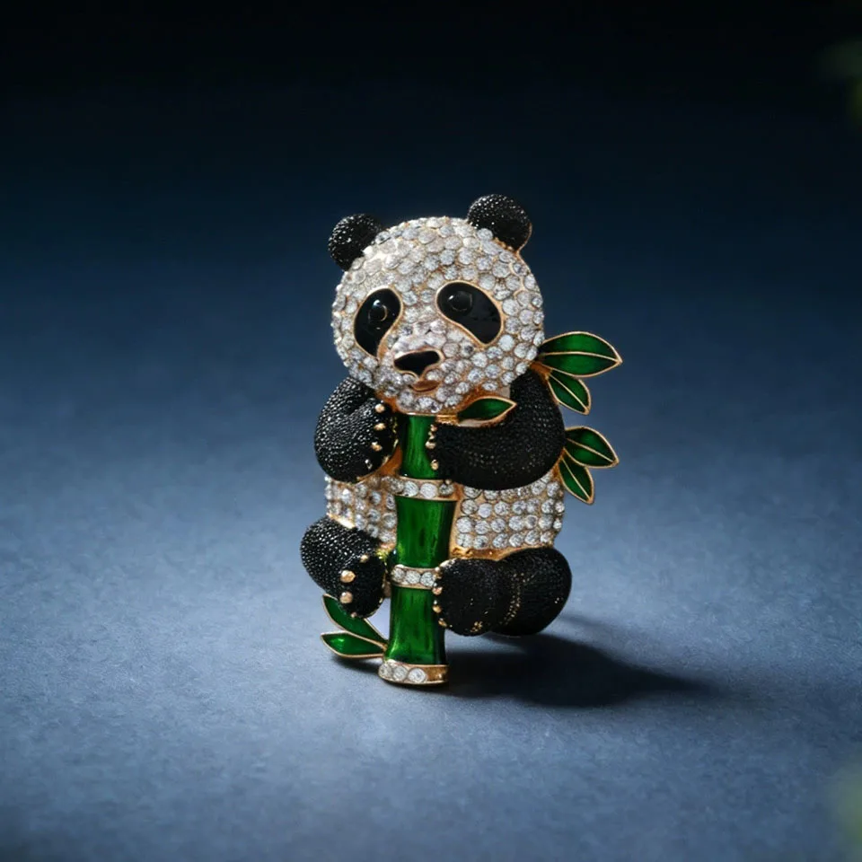 Cute Rhinestone Panda Brooch Giant Pin Suit Shirt with Animal Fashion Brooches Children Festival Pandas Eat Bamboos