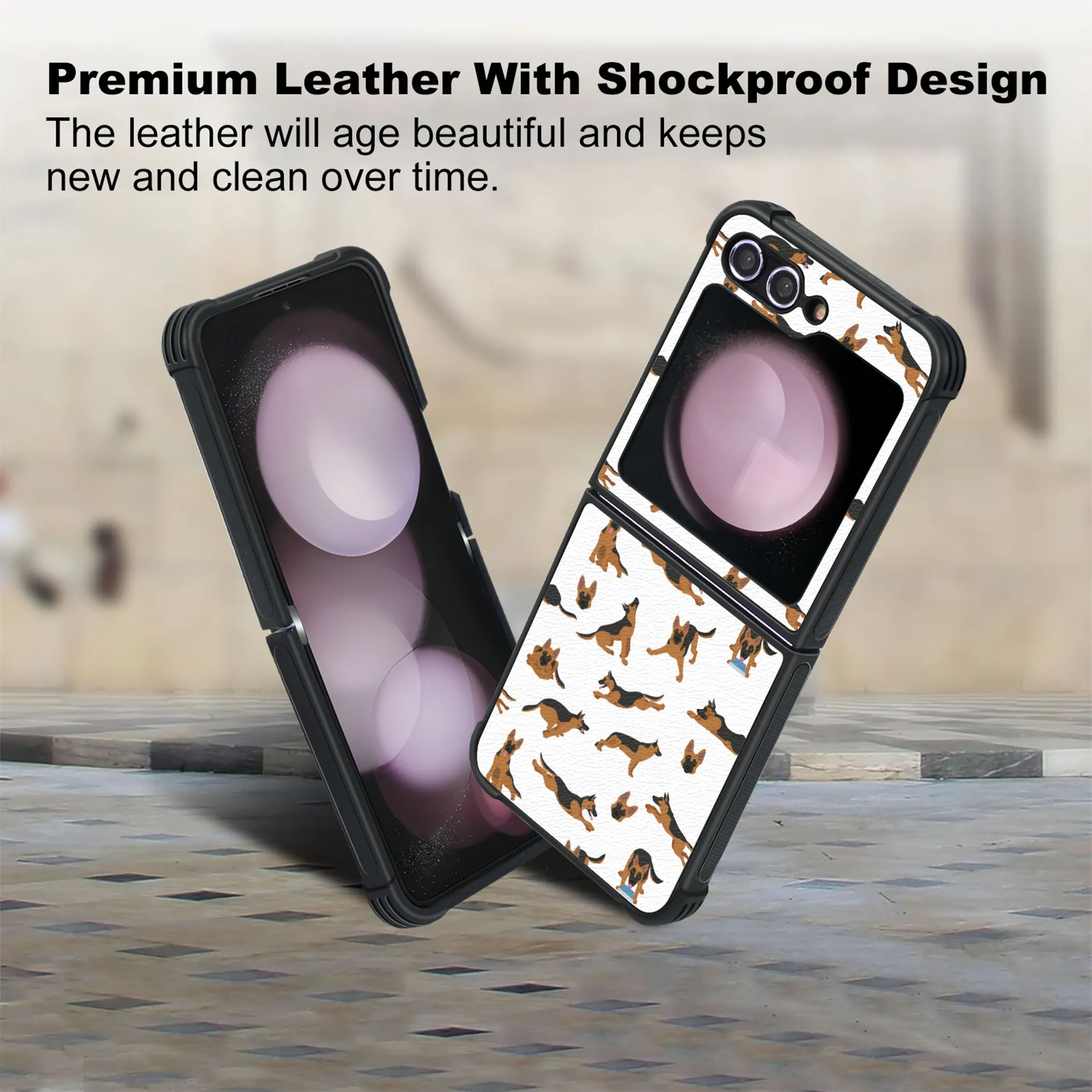 Patterned PU Leather + Soft TPU Bumper Shockproof Protective Case Cover Compatible With Galaxy Z Flip5 5G ,German Shepherd