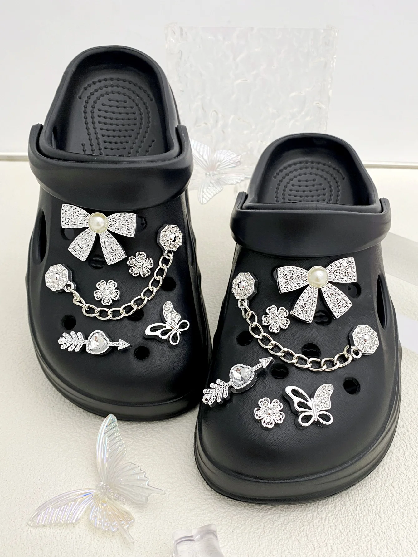 12 pieces of silver point diamond chain, bowknot, butterfly, ABS drill of arrows, love flower shoe buckle DIY decoration, suitab