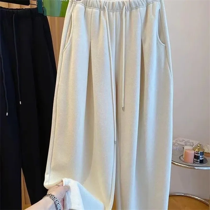 겨울 여성용 시크 하이웨이스트 스트레이트 레그 보온 바지 여성용 플러시 캐주얼 배기 바지 소녀용 스노우 웜 팬츠