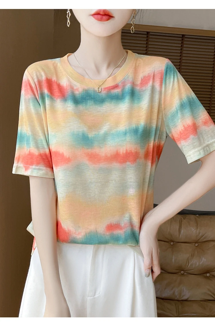 Summer New Women's Round Neck Printed Knitted Short-Sleeved Thin T-shirt Loose Bottoming Shirt