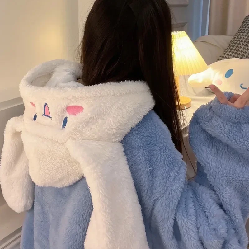 Sanrio Cinnamoroll Pajamas Cartoon Sweet Nightgown Women Plush Thicken Homewear Winter Flannel Warm Clothes Girl Kawaii Bathrobe