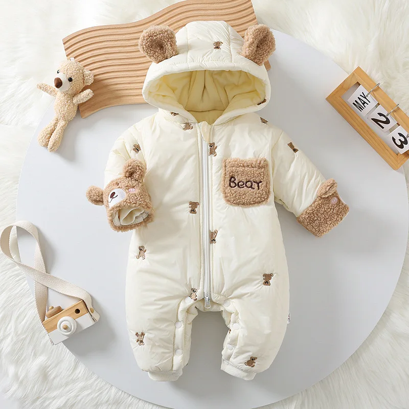 Winter Newborn Girls Rompers BELLBELL Infant Babys Girls Thick Bear Padded One-piece Jumpsuits Hooded Plush Kids Girls Bodysuits