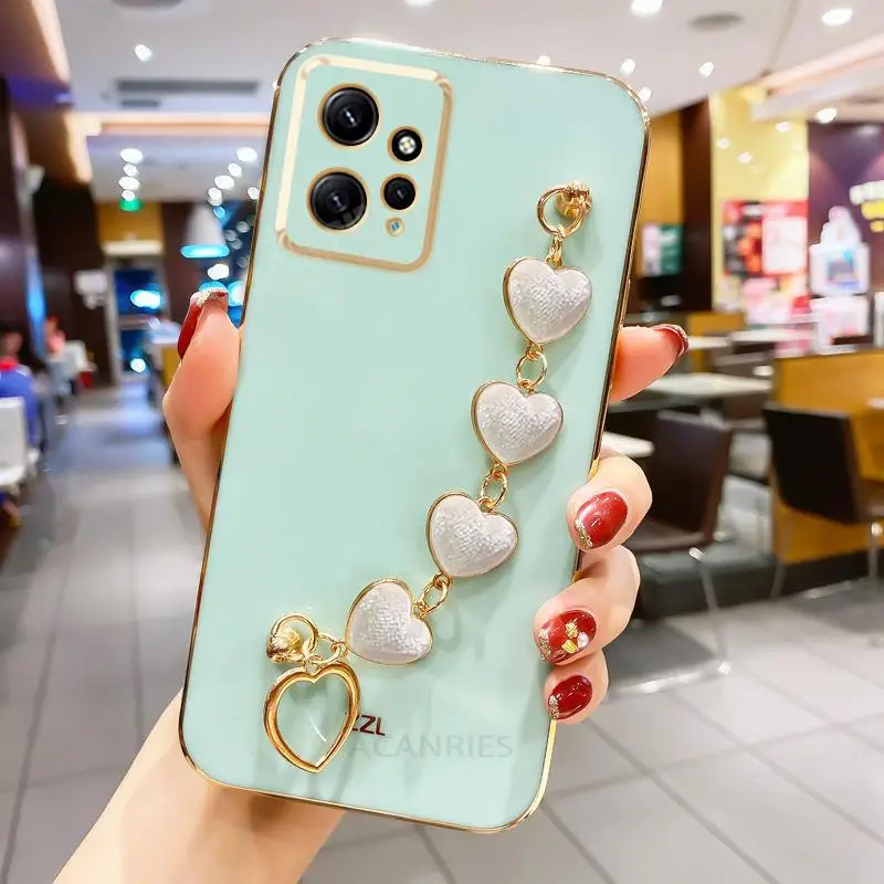 Note12 Love Heart Bracelet Case For Xiaomi Redmi Note 12 Pro 12pro 4g 5g 11 11s 10 10s 9 8 Chain Plating Silicone Cover 10c 12c