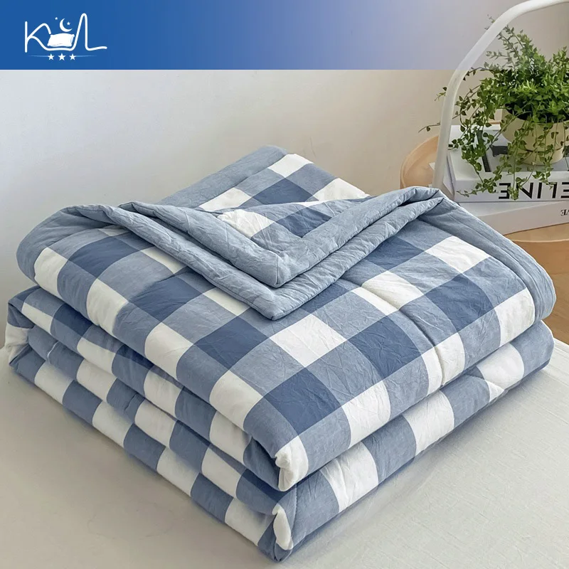 Xinjiang Washed Cotton Summer Quilt, Plaid Lightweight Thin Blanket for Dorm Bed, Soft Breathable Home Use Twin Size Quilt
