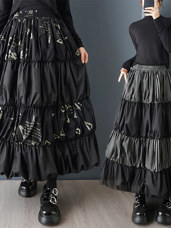 정통 캐주얼 루즈 스플라이스 케이크 스커트 패셔너블 부푼 플라워 버드 드레스 여성용 하이 웨이스트 기타 소재