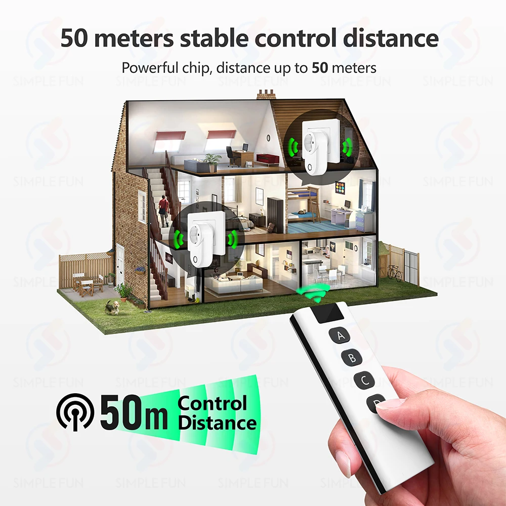 Soket Remote kontrol nirkabel 433Mhz EU Smart Plug, Remote 50m, Outlet daya 15A 220V untuk kipas ringan peralatan rumah