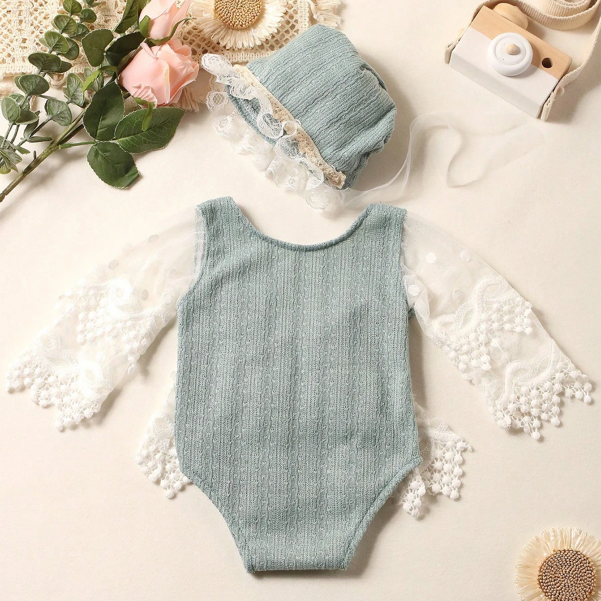 Ylsteed 2 Pieces Set Newborn Lace Romper for Photoshoot Baby Photography Outfit Infant Picture Props