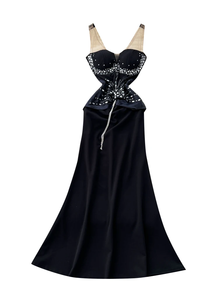 فستان Ele Bla Sequin Me Paneling Strapl للنساء للتخسيس طويل Dr Luxury Sle عالي الخصر على شكل حرف a صيفي Dr