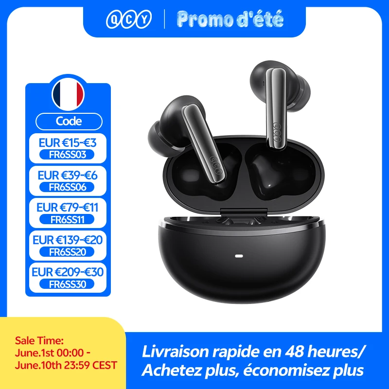 QCY MeloBuds N70 Écouteurs sans fil ANC Bluetooth 6.0, réduction de bruit adaptative, LDAC, audio haute résolution, 6 micros, ENC, 50 h d'autonomie, charge sans fil, détection intra-auriculaire