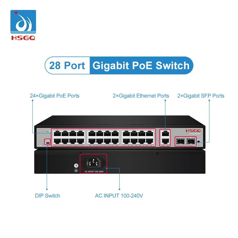 HSGQ-SG2024P 24 Porte RJ45 da 1000 m Switch Switch PoE da 300 W Switch Poe Ethernet di rete non gestita gestita 52 V per telecamera IP CCTV
