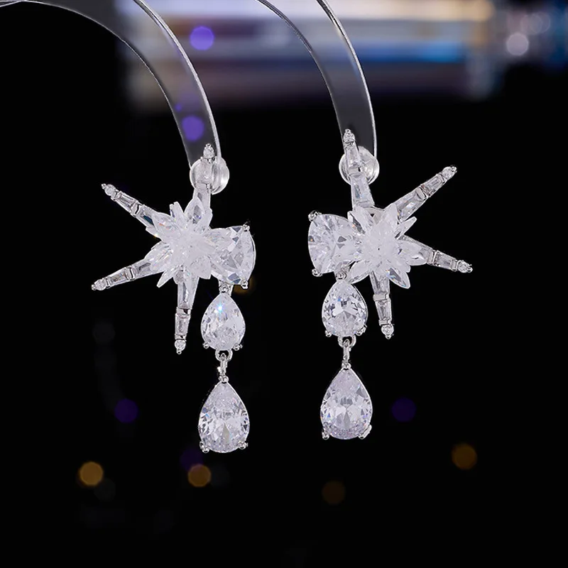 FXLRY Light Luxury Zircon Ball Five-pointed Star Water Drop Pendant Tassel S925 Silver Needle Earrings For Women