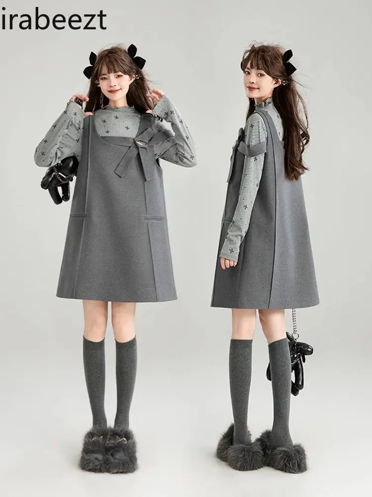 Grey Tie Grey Strap Dress 2024 Fall/winter New Bow Tie Flower Design Sleeveless Sundress Set 2 Piece Sets Womens Outfits