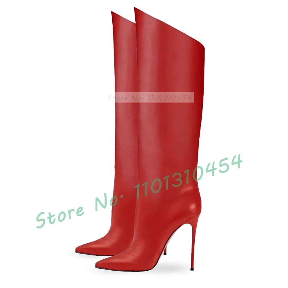 Beveled Leather Knee-high Boots Women Elegant Pointy Toe Black Stiletto High Heels Boots Ladies Winter Big Size Feminine Shoes