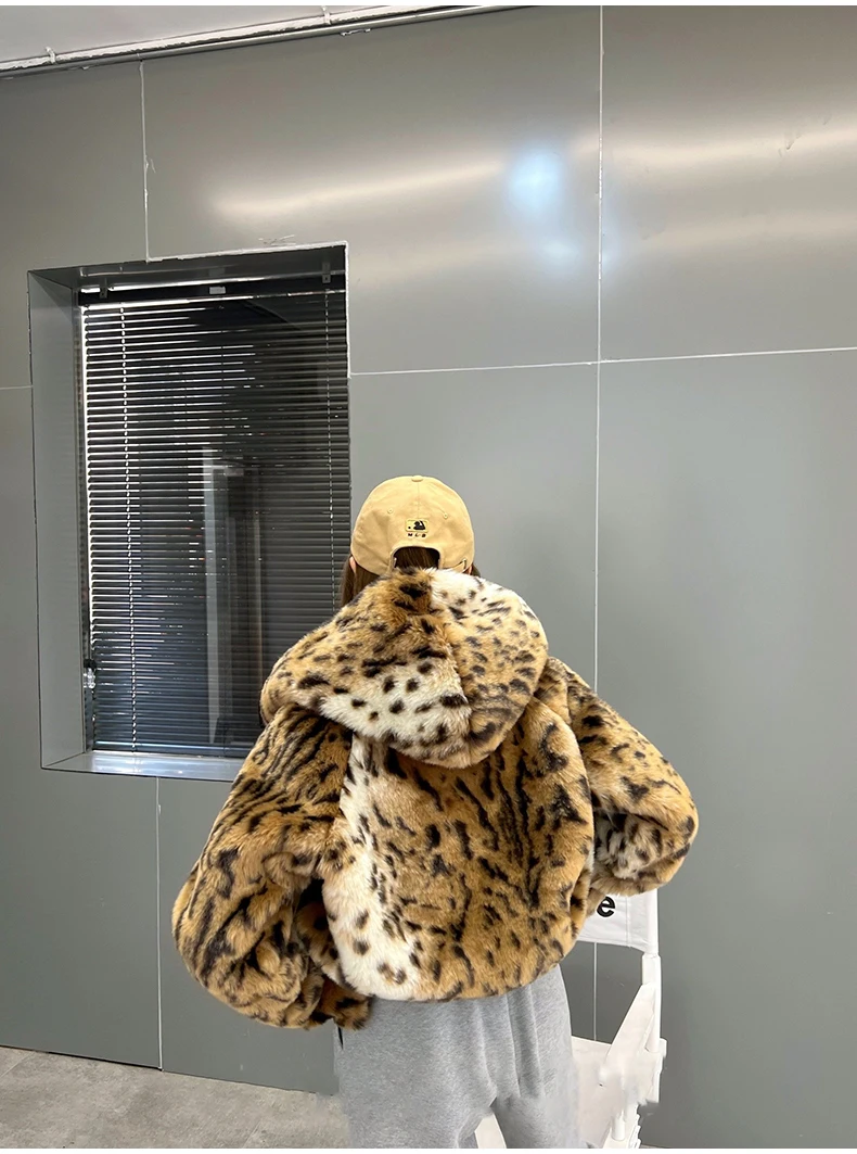 Lautaro Winter Short Thick Warm Leopard Print Faux Fur Coat Women with Hood Raglan Long Sleeve Hot Girl Loose Soft Fluffy Jacket