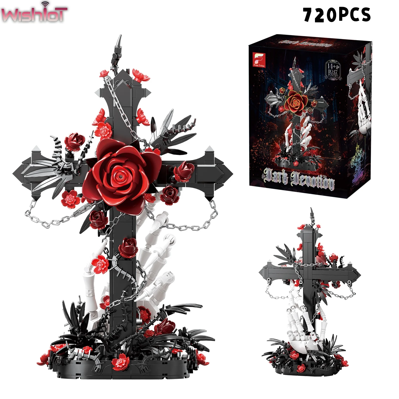 

11047 Dark Devotion 720PCS Building Blocks Set Gothic Dark Cross Red Rose Skull Hand Chains Horror Holiday Decorations Toys Gift
