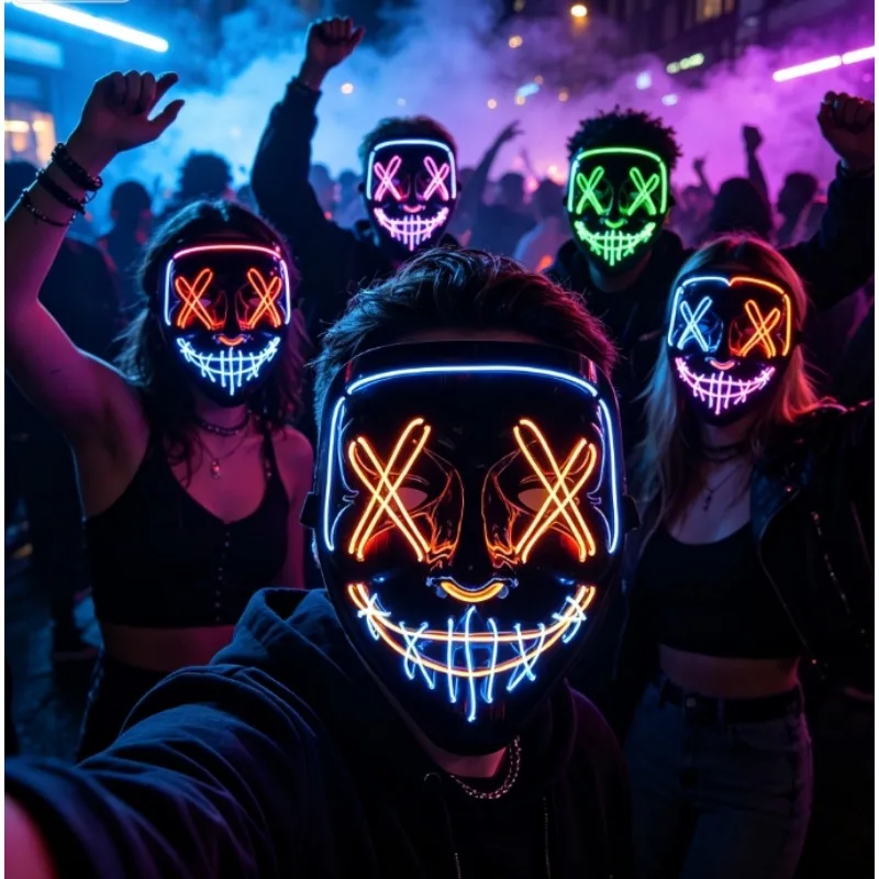 Máscara de purga LED de neón inalámbrica, que brilla en la oscuridad, ideal para disfraces de terror, fiestas de Halloween, máscaras para fiestas de disfraces, accesorios divertidos para vestir.