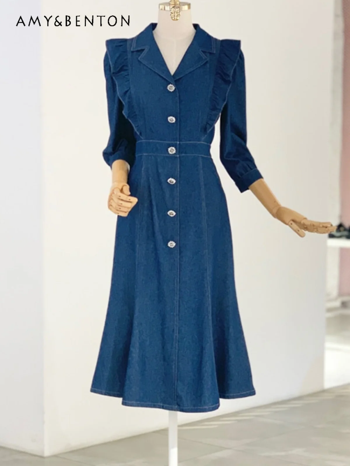 

Autumn New Fashion Ruffled Slim Denim Dress Women Commuter Temperament Ladies Lapel Seven-quarter Sleeve Casual A-line Dresses