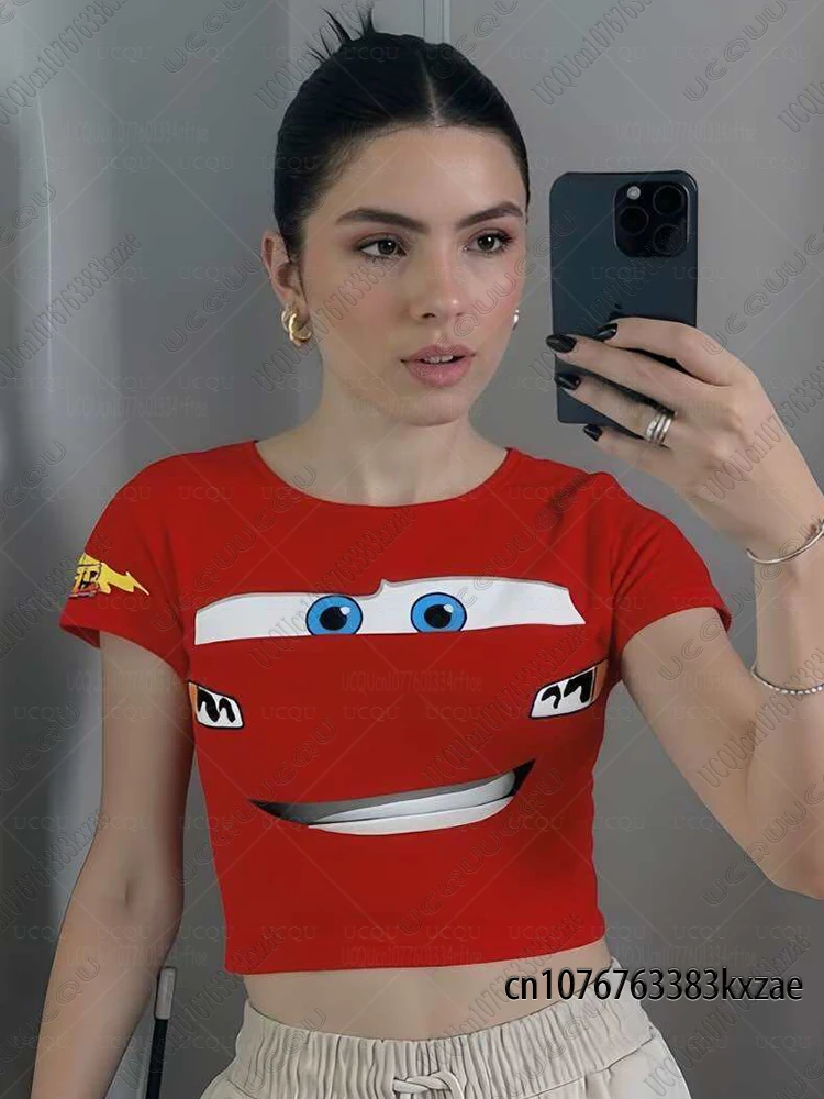 2026 Lightning Mcqueen Print Crop Top For Women Fashion Round Collar Short Tshirt Sexy Street Trendy Tees Casual Y2k Vintage Top