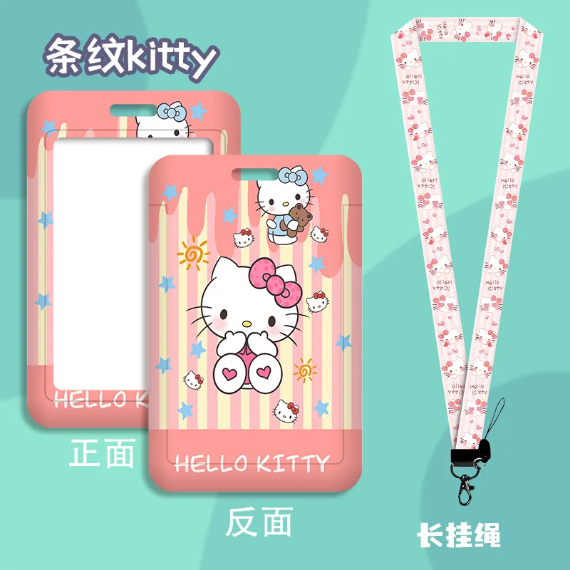 Cute Sanrio Hello Kitty Cartoon Cosplay Kt Cat Key Chain Pendant Work Bus Card Holder Plastic with Lanyard Student Gift Toys