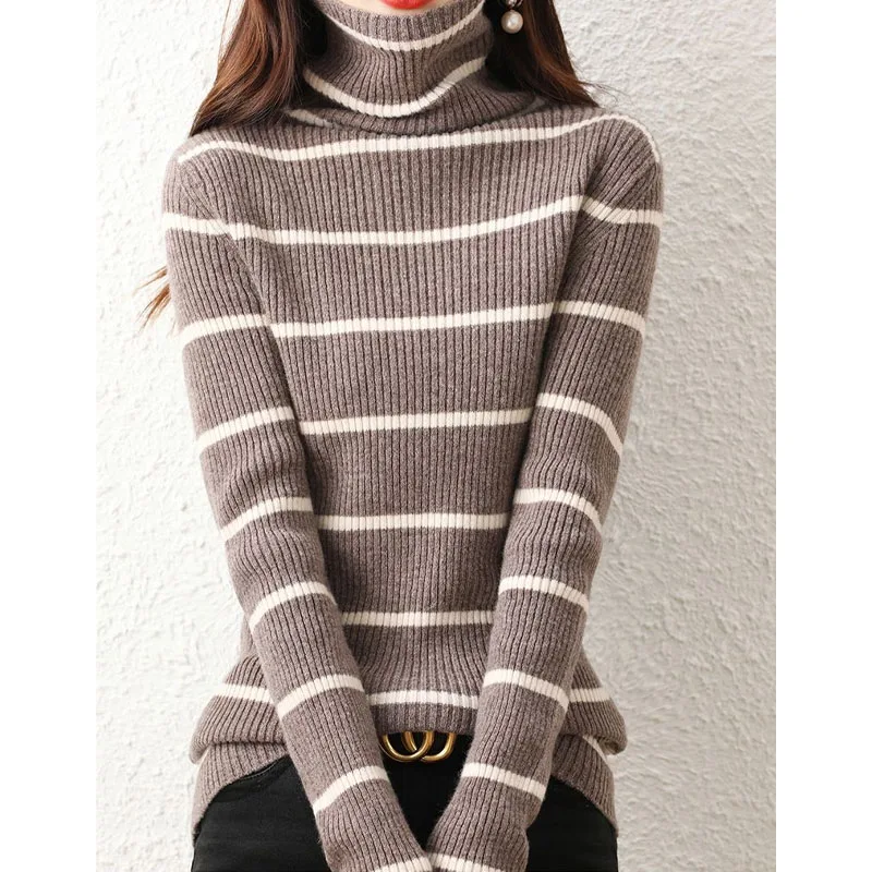 Autumn and Winter Trend New Temperament Women\'s Clothing Fashion Pile Collar Long Sleeve Versatile Commuting Striped Sweater