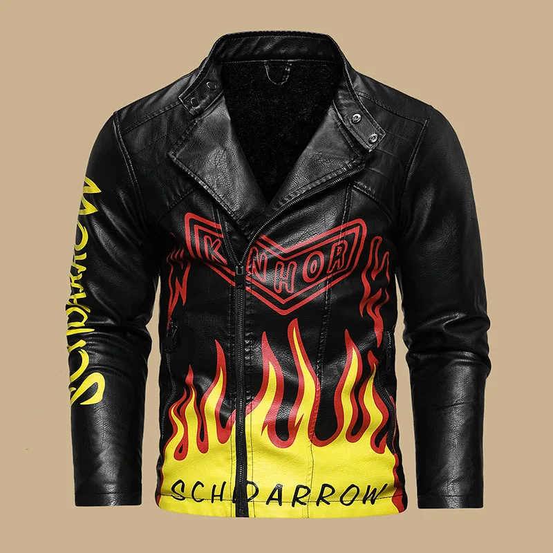 Mens Leather Jackets Autumn Winter Men's Diagonal placket Lapel Motorcycle PU Leather Jacket Casual Skull Warm Leather Coat Man