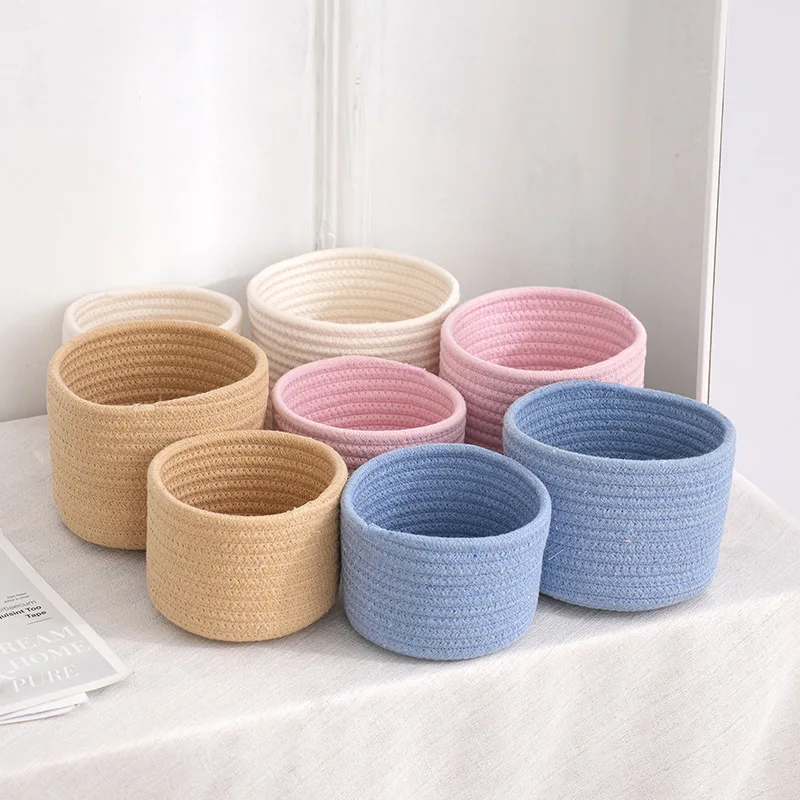 Handmade Woven Cotton Rope Woven Storage Basket Desktop Organizer Sundries Toys Comestics Keys Snacks Box Sundries Organizer