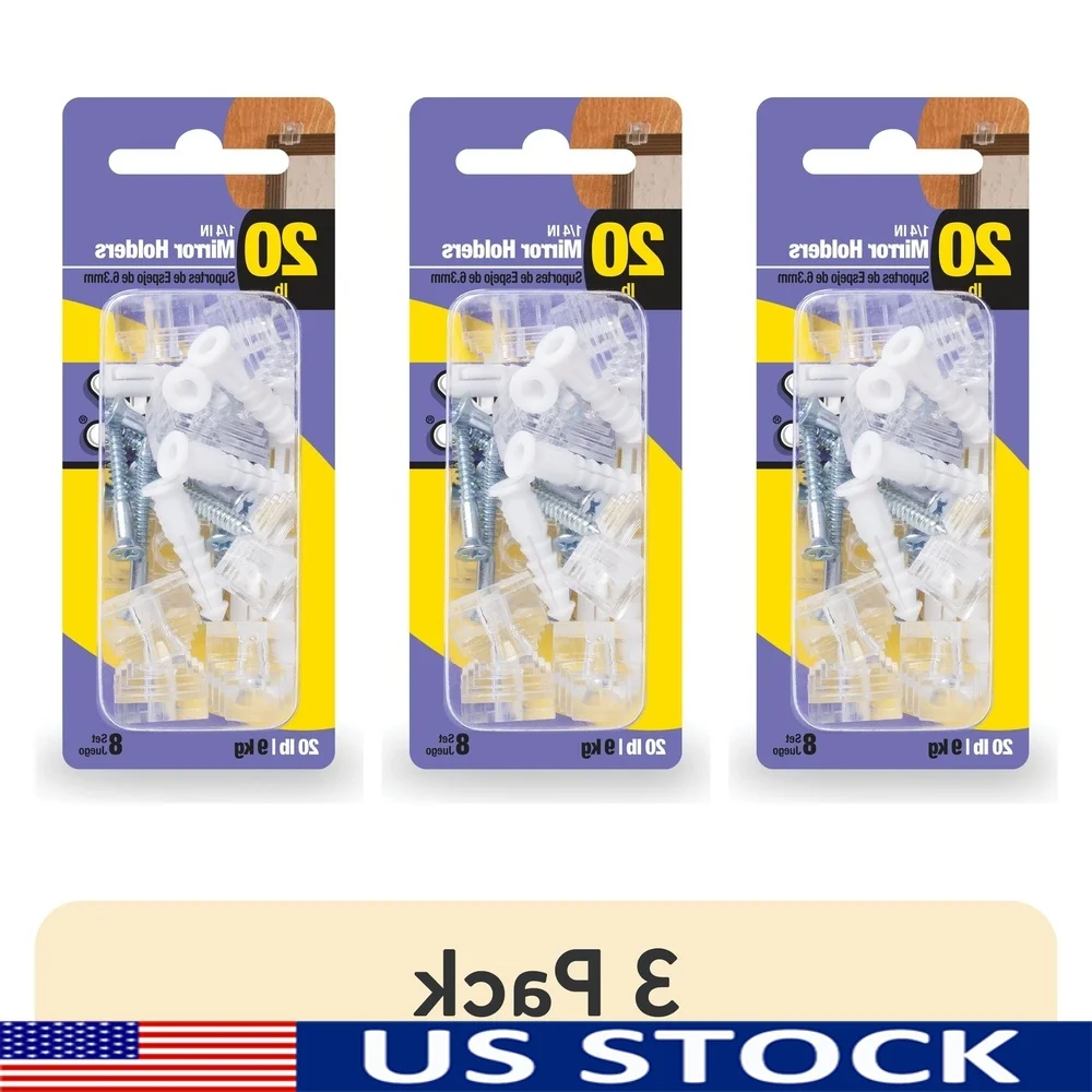 3 Pack Square Mirror Hanger Clips Plastic Easy Installation Holds Up to 20 lbs Includes Hardware 1/4 Inch Wide Clips