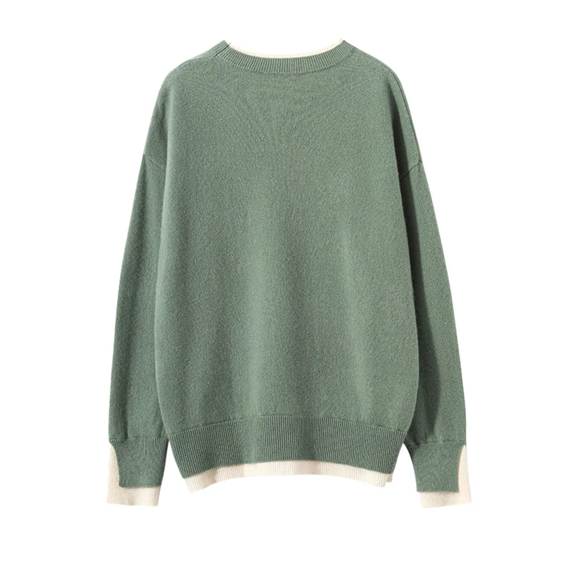 Korean Fashion O-Neck Sweater Women's Autumn/Winter New 100% Wool Cashmere Knit Fake Two Items Sweater Pullover Loose Warm Tops