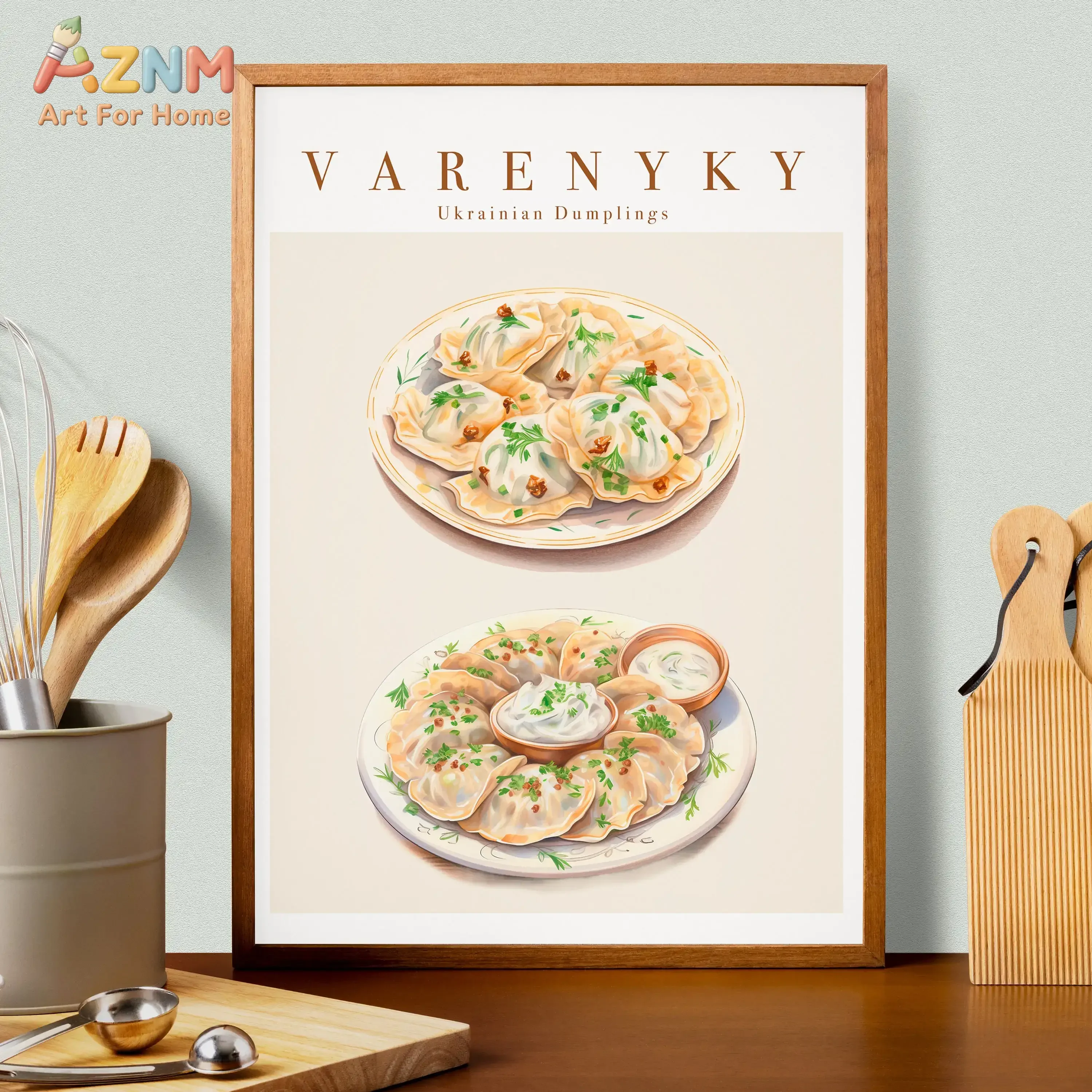 AZNM Global Gourmet Canvas Wall Art Borscht Varenyky Fettuccine Jollof Rice Classic Food Illustration Print Unframed Canvas Kitc