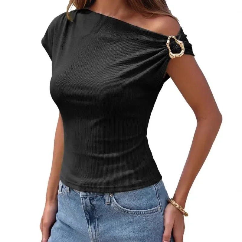 Women's Skew Collar Ribbed Knit Asymmetrical Off Shoulder T-shirt Top Summer White Metal Buckle Detail Slim Fit Casual T-shirts