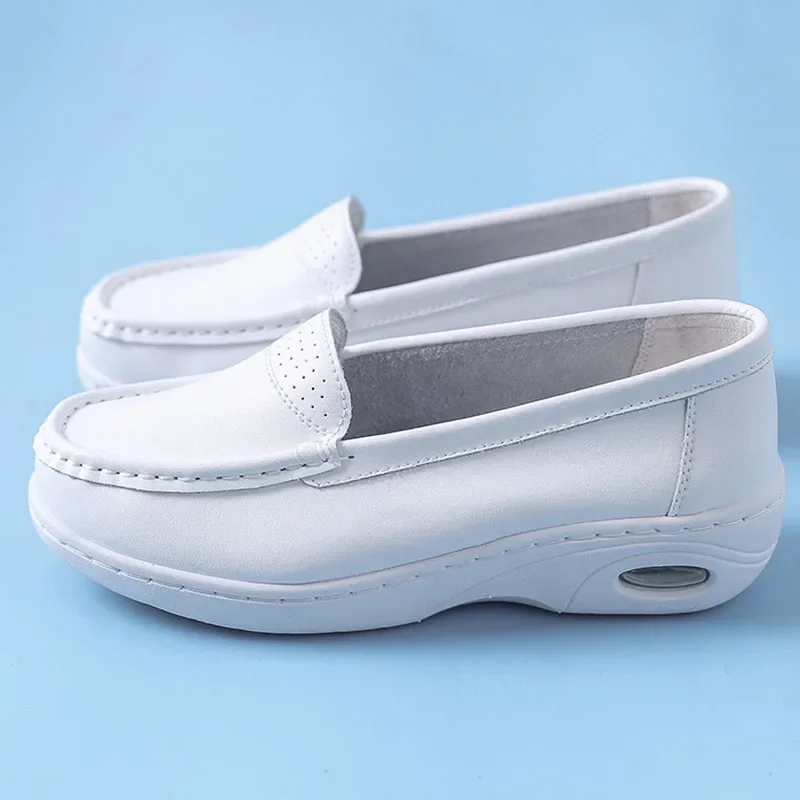 Air Cushion Nurse Shoes Women\'s Leather Hospital Work Shoes Breathable Feet Flat Wedge Comfortable Soft Sole White Thick Sole