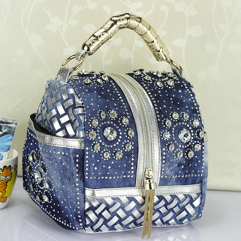 Women diamonds rhinestone PU leather Demin patchwork handbag Ladies Casual Shoulder Bag Messenger Bag Fashion crossbody bag