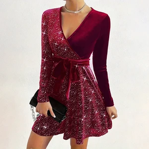 Sexy Women's Dress With V Sine Glitter Lanthejoula Mini belt, party dresses, monochrome, elegant velvet, long sleeve, hot sale, fashion 8 Main Sales Dresses Promotion - №7