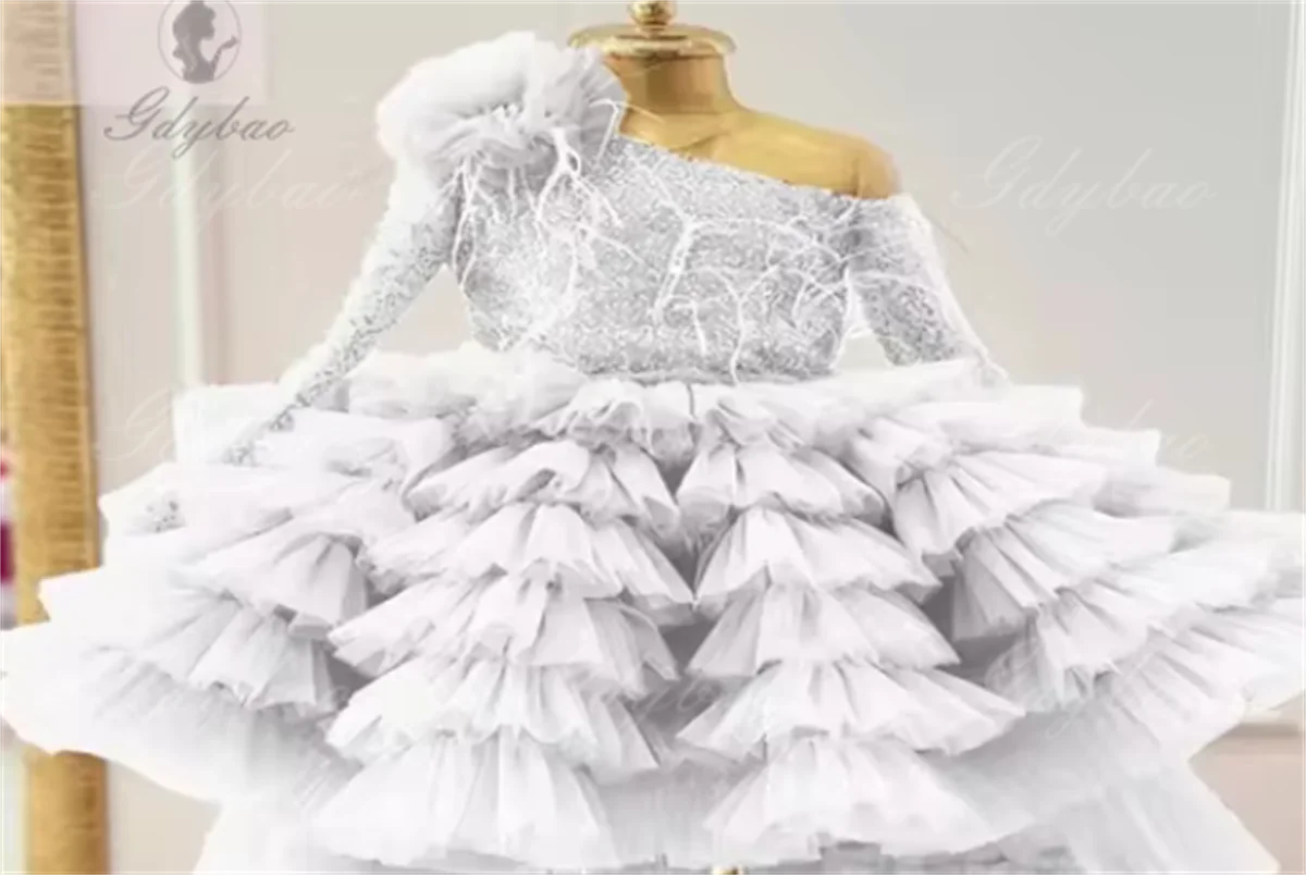 Peach Pink High Low Tutu Tulle Kid Long Sleeves Formal Dresses Shiny Daughter Birthday Party Dresses Tiered Tulle Child Dress