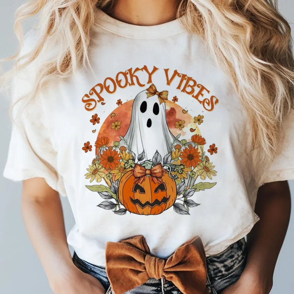 Women's Fashion T-Shirt Cartoon Cute Ghost Pumpkin T-Shirt Casual Printed Watercolor Trend 90s Pattern Top Women's Printed Cloth