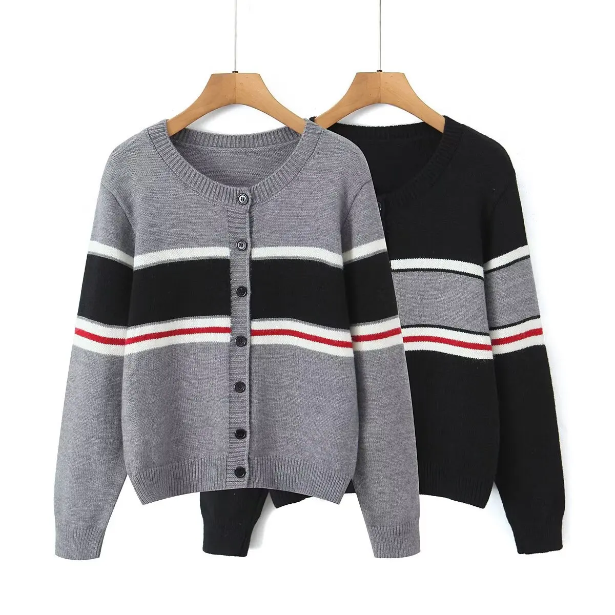 Women's Round Neck Knit Color Block Single-Breasted Cardigan   E7J8