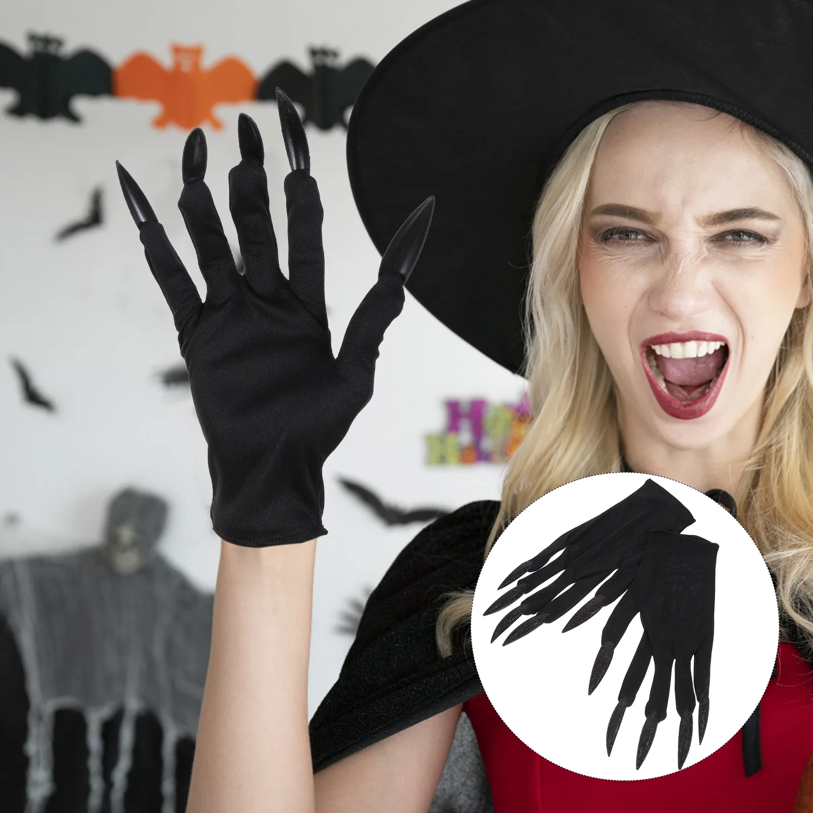

2 Pairs Halloween Costume Gloves Scary Long Nails Durable Elastic Material Party Accessory Cosplay Prop Gloves