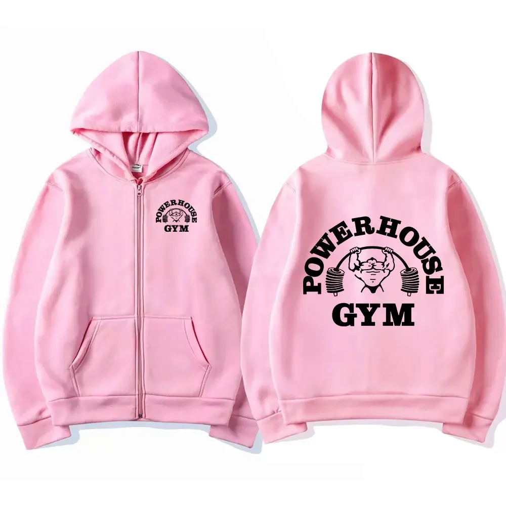 Powerhouse Gym Graphic Zipper Hoodie Men\'s Women\'s Fashion Vintage Zip Up Hooded Sweatshirts High Quality Fleece Loose Pullovers