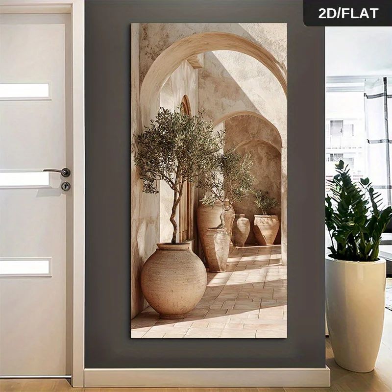 2D Flat Large Outdoor Archway Potted Trees Canvas Wall Art - Unframed Minimalist Canvas Poster for Living Room Decorations Gifts